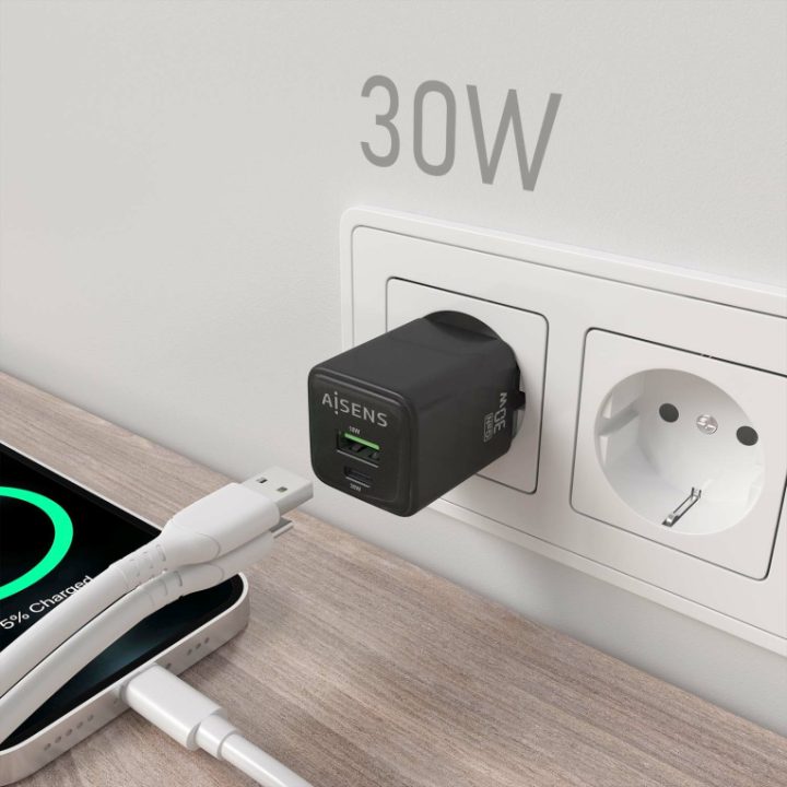 AISENS Carregador GaN 30W, 1xUSB-C PD3.0 QC4.0, 1xUSB-A QC3.0, Preto