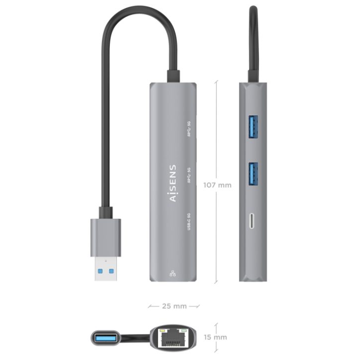 AISENS USB3.0 Dock USB-A para Ethernet Gigabit + Hub 1xUSB-C+2xUSB-A…