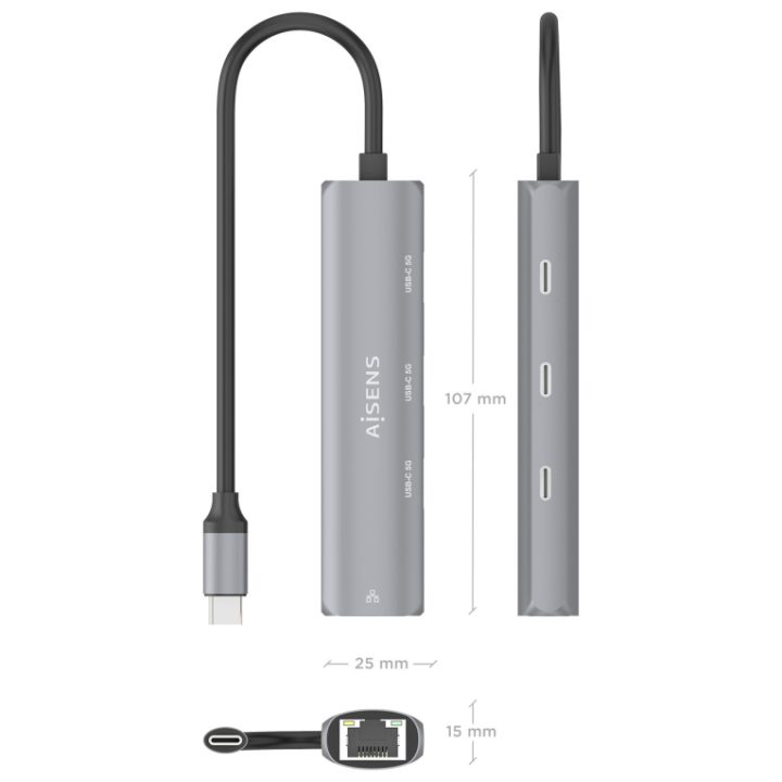 AISENS Dock USB-C para Ethernet Gigabit + Hub 3xUSB-C, Cinzento, 15cm