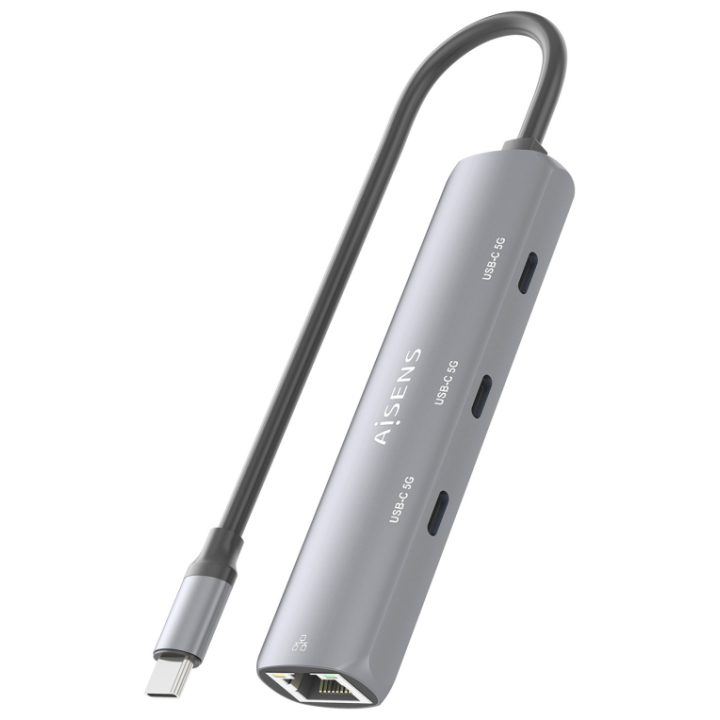 AISENS USB-C to Ethernet Gigabit Dock + 3xUSB-C Hub, Gray, 15cm