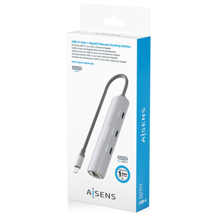 AISENS Dock USB-C para Ethernet Gigabit + Hub 3xUSB-C, Cinzento, 15cm