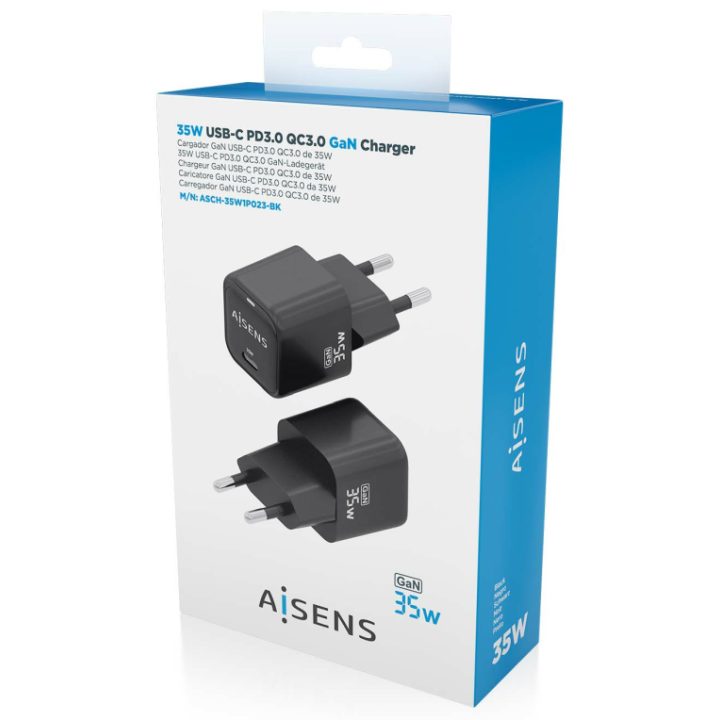 AISENS Carregador GaN 35W, 1xUSB-C PD3.0 QC4.0, Preto