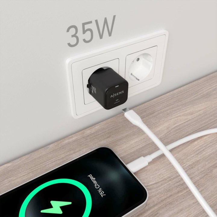 AISENS GaN Charger 35W, 1xUSB-C PD3.0 QC4.0, Black