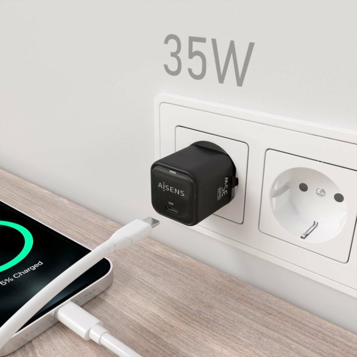 AISENS GaN Charger 35W, 1xUSB-C PD3.0 QC4.0, Black