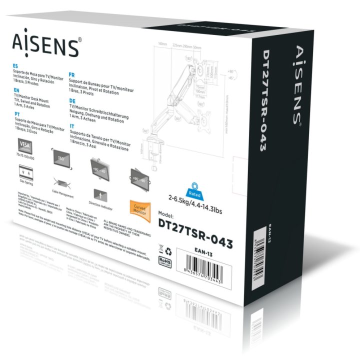 AISENS DT27TSR-043 32" Monitor Stand Desk Black