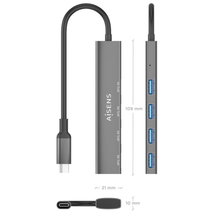 AISENS Hub USB 3.1 USB-C, USB-C/M-4x Tipo A/H, Cinzento, 15cm
