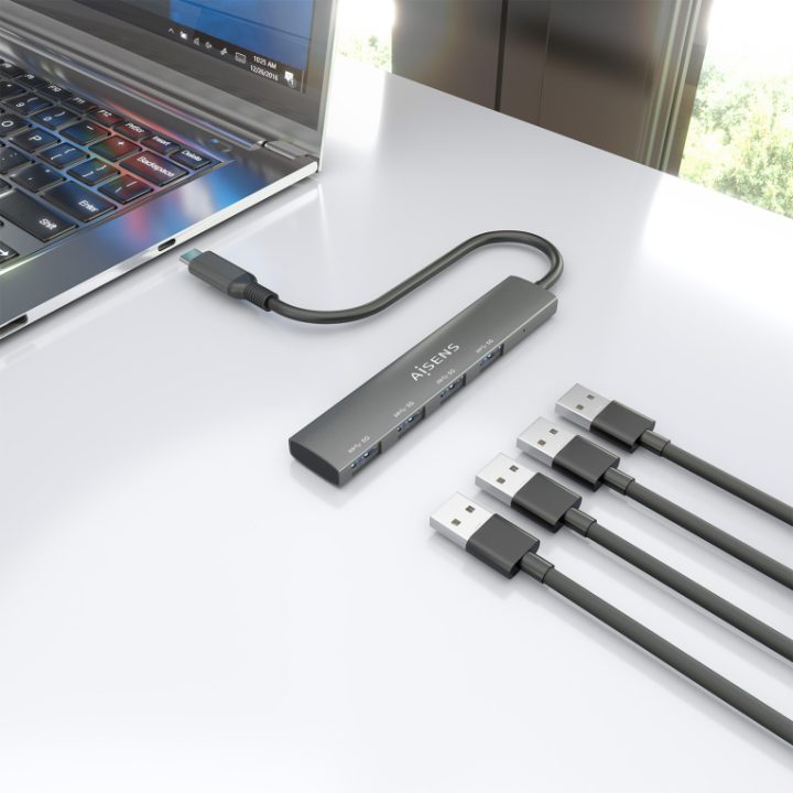AISENS USB 3.1 USB-C Hub, USB-C/M-4x Type A/H, Gray, 15cm