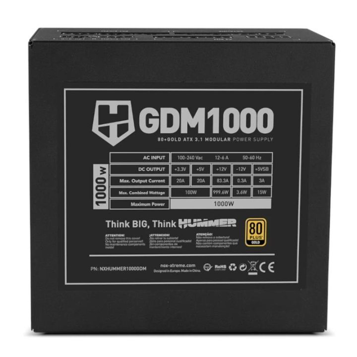 NOX HUMMER GDM1000W Fonte modular ATX3.1 80+GOLD (NXHUMMER1000GDM)