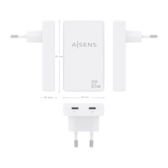 AISENS Ultra-Slim GaN Wall Charger 65W, 2xUSB-C PD3.0 QC4.0, White