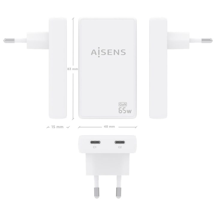 AISENS Cargador De Pared GaN Ultra Delgado 65W, 2xUSB-C PD3.0 QC4.0…