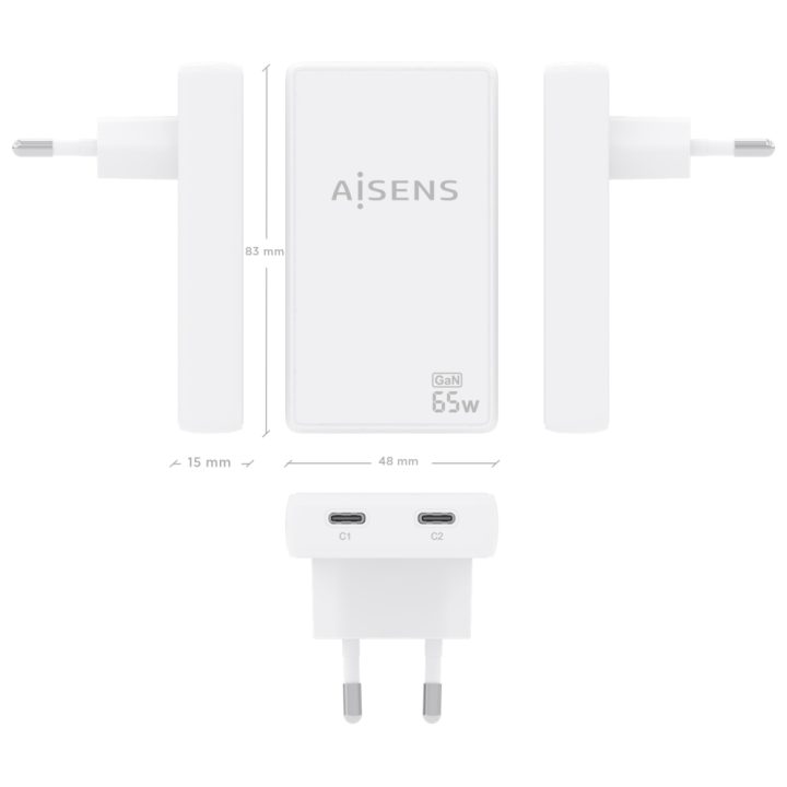 AISENS Ultra-Slim GaN Wall Charger 65W, 2xUSB-C PD3.0 QC4.0, White