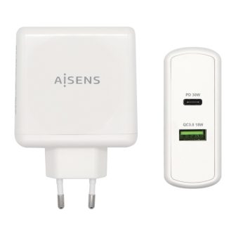 AISENS Cargador 48 W, 1x USB-C PD3.0 30 W, 1x USB-A QC3.0 18 W, Blanco