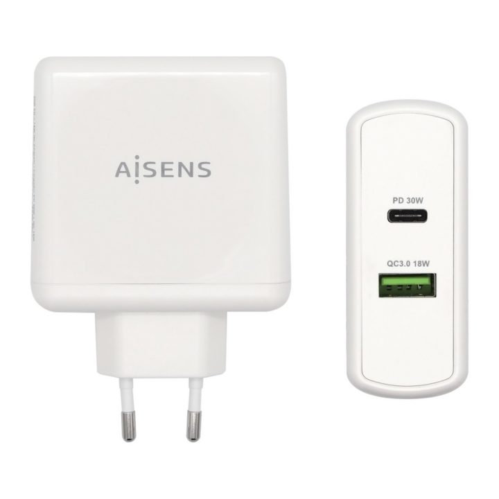 AISENS 48 W Charger, 1x USB-C PD3.0 30 W, 1x USB-A QC3.0 18 W, White