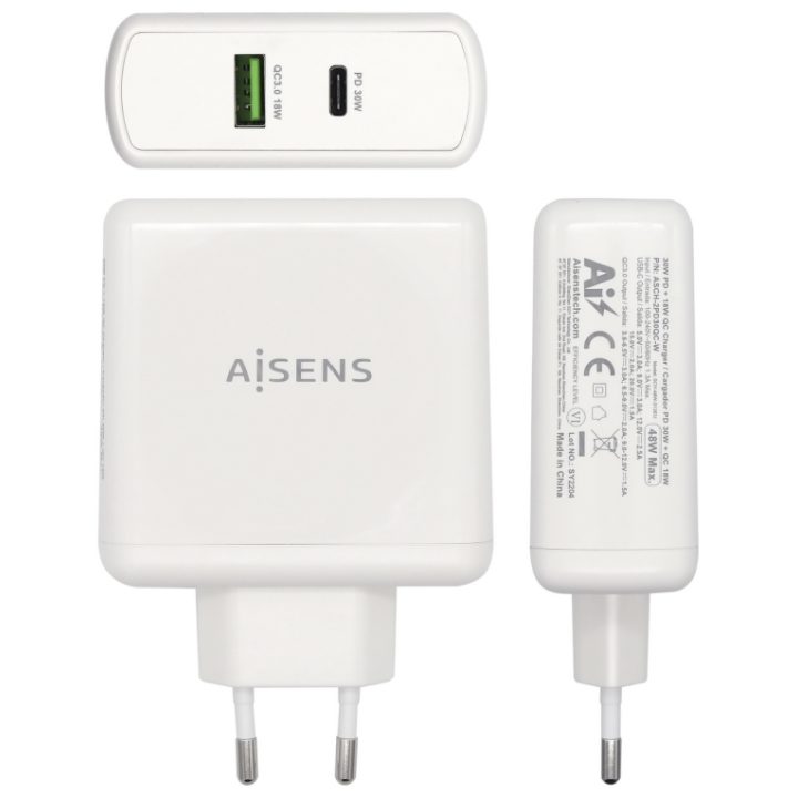 AISENS 48 W Charger, 1x USB-C PD3.0 30 W, 1x USB-A QC3.0 18 W, White