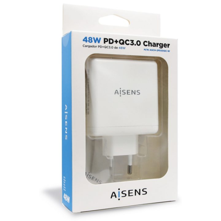 AISENS Cargador 48 W, 1x USB-C PD3.0 30 W, 1x USB-A QC3.0 18 W, Blanco