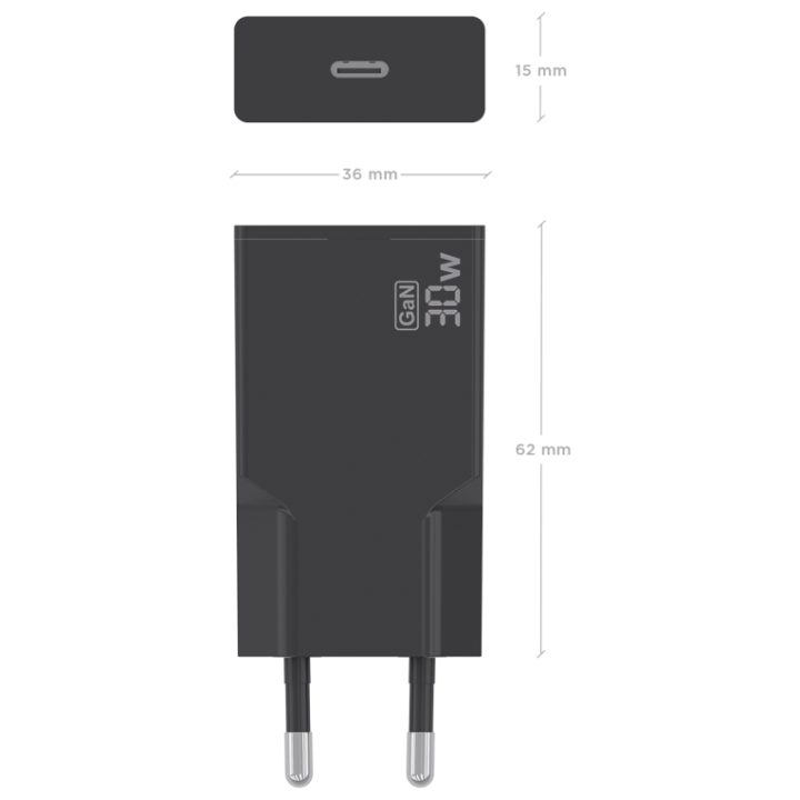 AISENS Ultra Slim GaN 30W Charger, 1xUSB-C PD3.0, Black