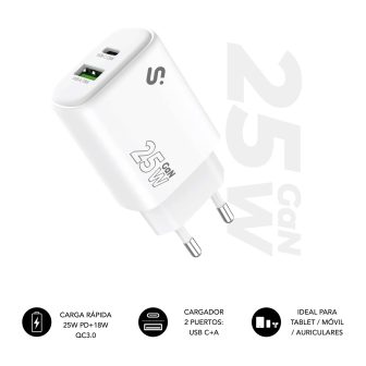 Subblim Carregador GaN 25 W USB-C PD 3.0 + PPS & USB-A QC 3.0, Dupla…