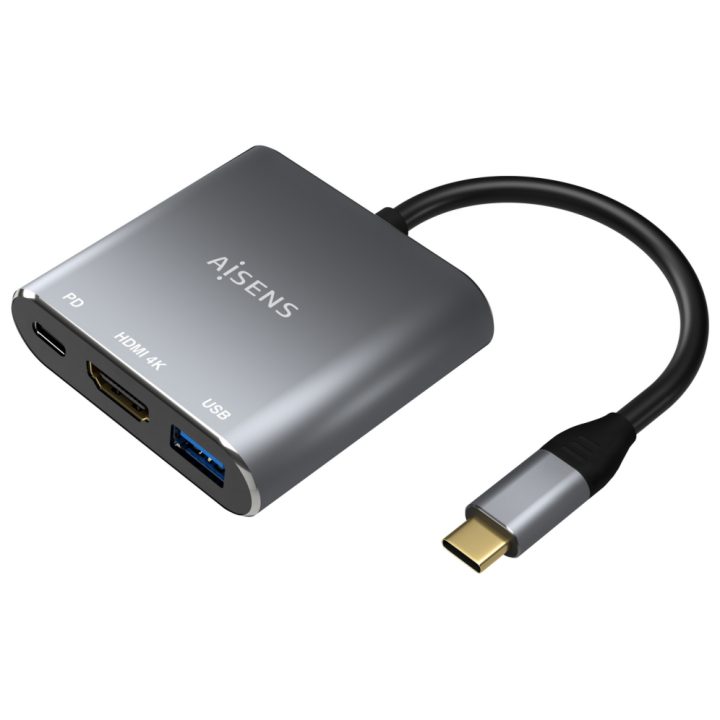 AISENS USB-C to HDMI/USB-C/USB-A 3.0 Adapter, 3-in-1, Gray, 15cm