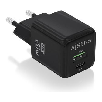 AISENS GaN Charger 20W, 1xUSB-C PD3.0 QC4.0, 1xUSB-A QC3.0, Black