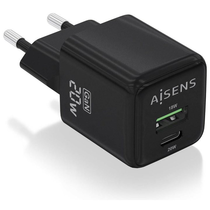 AISENS GaN Charger 20W, 1xUSB-C PD3.0 QC4.0, 1xUSB-A QC3.0, Black