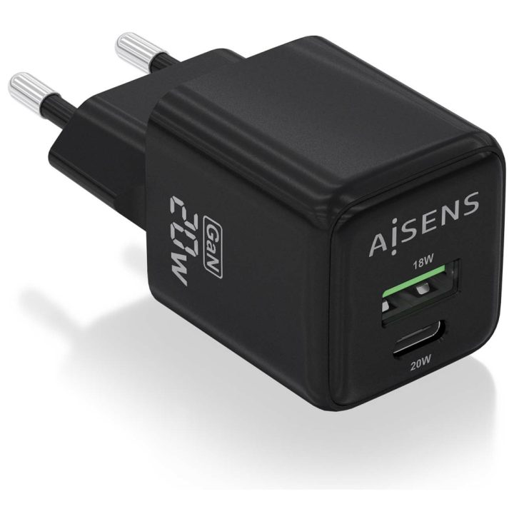 AISENS GaN Charger 20W, 1xUSB-C PD3.0 QC4.0, 1xUSB-A QC3.0, Black