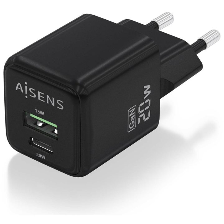 AISENS GaN Charger 20W, 1xUSB-C PD3.0 QC4.0, 1xUSB-A QC3.0, Black
