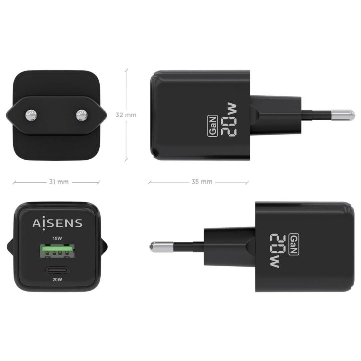 AISENS GaN Charger 20W, 1xUSB-C PD3.0 QC4.0, 1xUSB-A QC3.0, Black