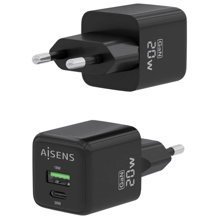 AISENS GaN Charger 20W, 1xUSB-C PD3.0 QC4.0, 1xUSB-A QC3.0, Black