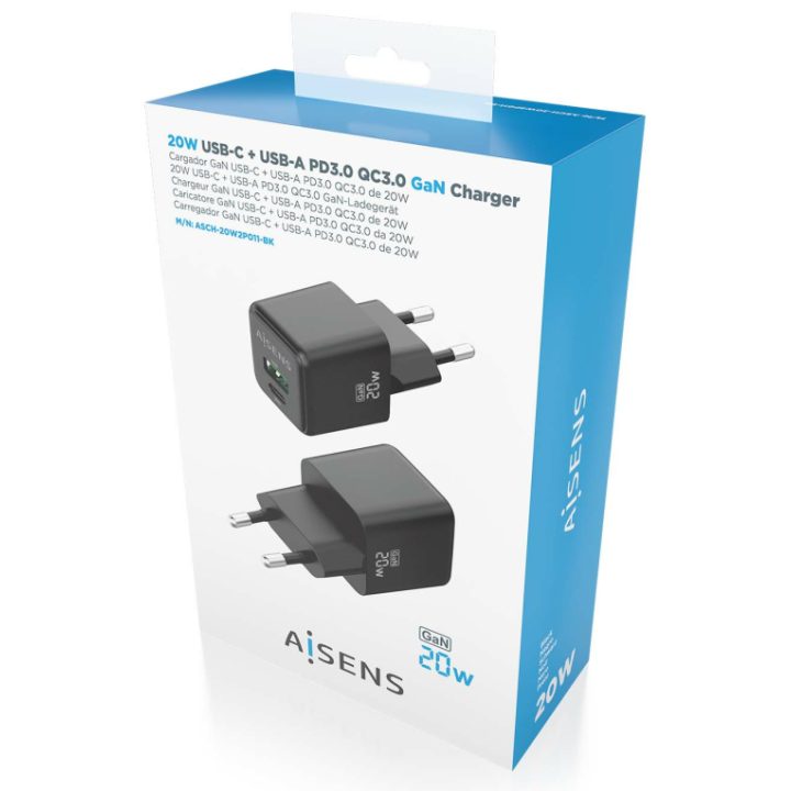 AISENS Carregador GaN 20W, 1xUSB-C PD3.0 QC4.0, 1xUSB-A QC3.0, Preto