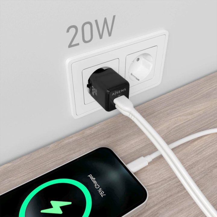 AISENS GaN Charger 20W, 1xUSB-C PD3.0 QC4.0, 1xUSB-A QC3.0, Black