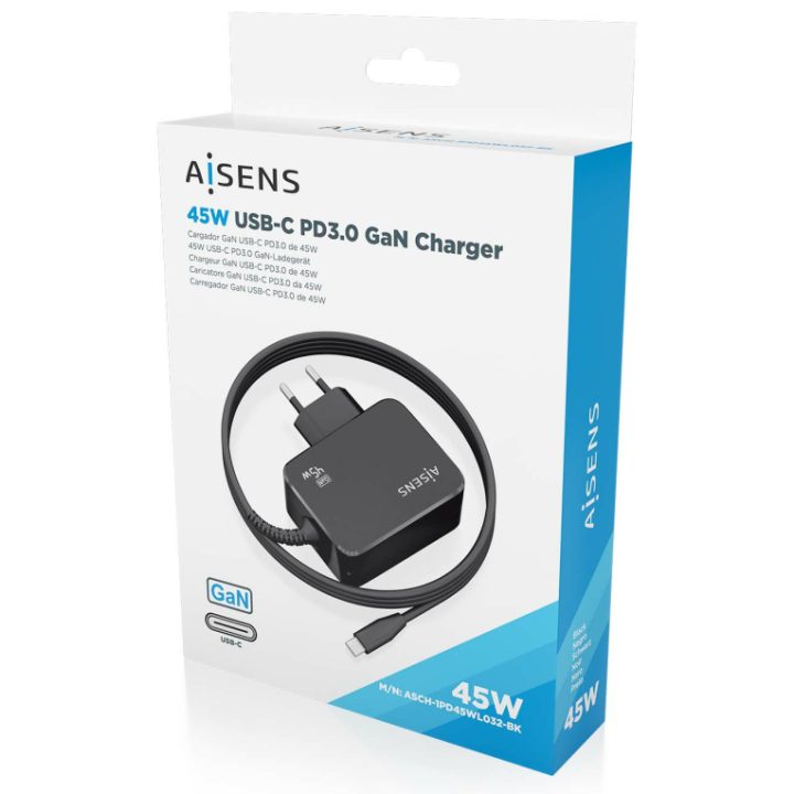 AISENS Cargador GaN 45W PD3.0 1xUSB-C 1.8m, Negro