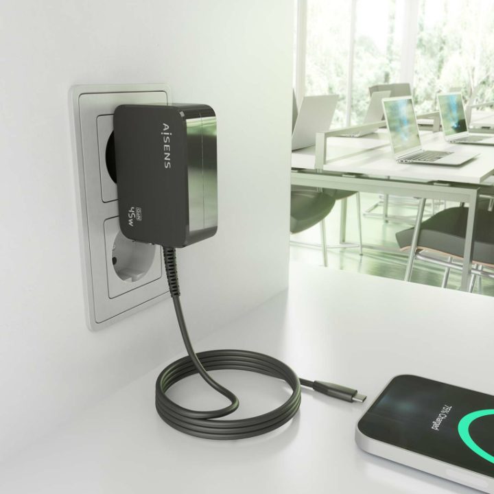 AISENS GaN Charger 45W PD3.0 1xUSB-C 1.8m, Black