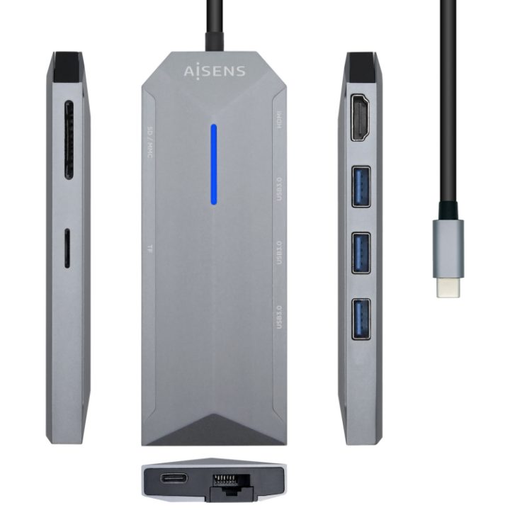 AISENS USB-C dock 8 em 1, USB-C a 1xHDMI, 1xRJ45, 3xUSB, 1xPD, 1xSD…
