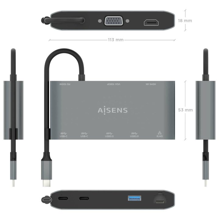 AISENS Dock USB-C 8 em 1, USB-C para 1xHDMI, 1xVGA, 1xRJ45, 2xUSB-A…