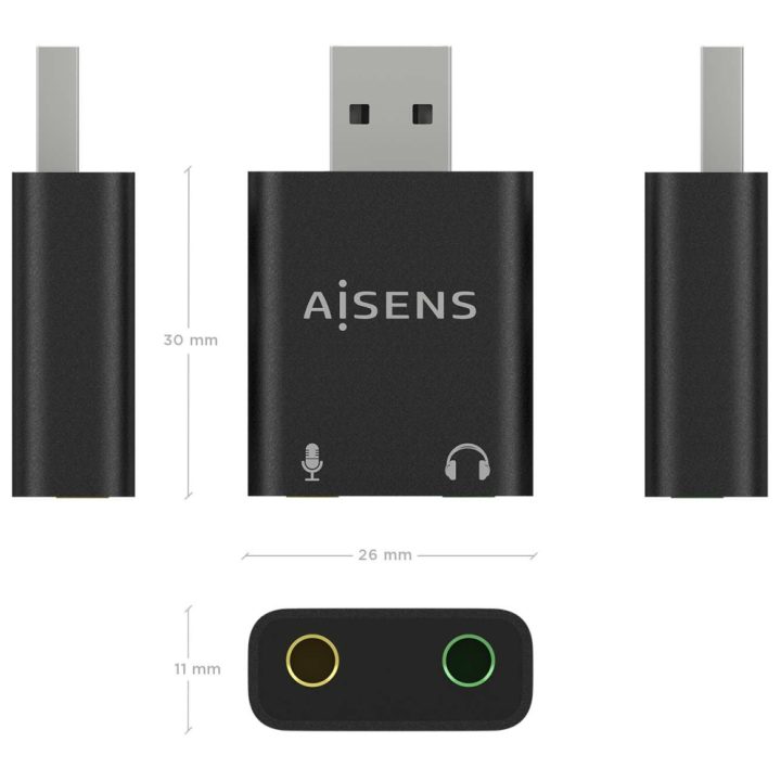 AISENS Conversor USB-A para Áudio 48KHz, USB-A/M-2xJack 3.5/H, Preto