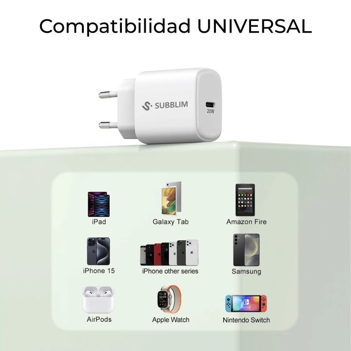 Subblim Cargador USB-C GaN 20W, Power Delivery 3.0 & PPS, Enchufe…