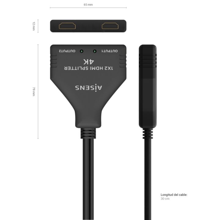 AISENS HDMI Splitter 4K@30HZ 1×2 with USB Power and Cable, Black, 30…