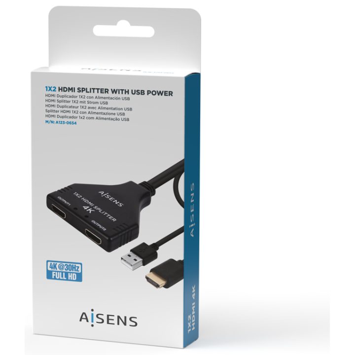 AISENS HDMI Splitter 4K@30HZ 1×2 with USB Power and Cable, Black, 30…