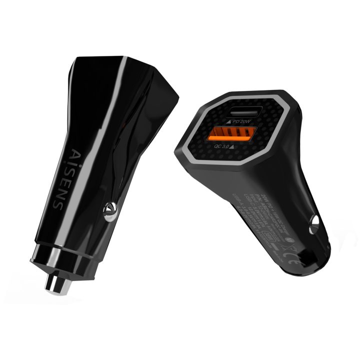 AISENS Car Charger 38W, 1XUSB-C PD3.0 20W, 1XUSB-A QC3.0 18W, Black