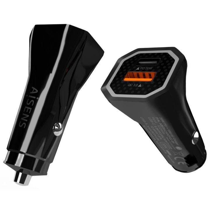AISENS Car Charger 38W, 1XUSB-C PD3.0 20W, 1XUSB-A QC3.0 18W, Black