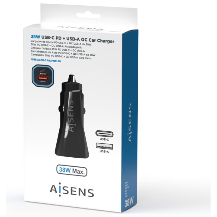 AISENS Car Charger 38W, 1XUSB-C PD3.0 20W, 1XUSB-A QC3.0 18W, Black