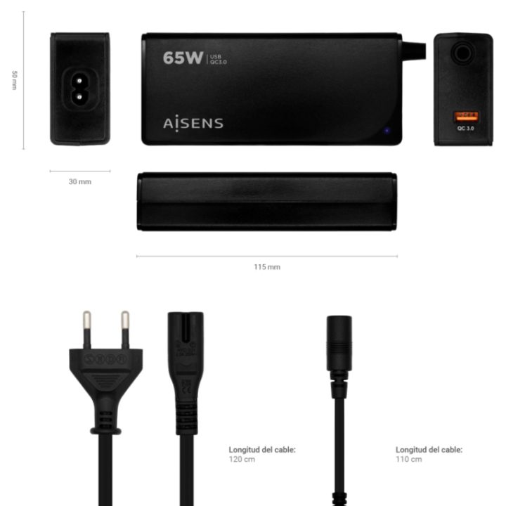AISENS Carregador 65 W Automático Universal Multitensão Para Portátil…