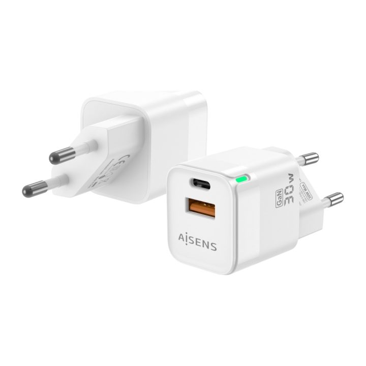 AISENS Carregador GaN 30W, 1xUSB-C PD3.0 QC4.0, 1xUSB-A QC3.0, Branco