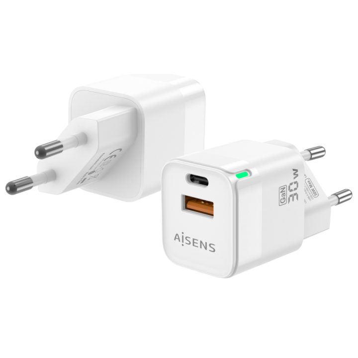 AISENS GaN 30W Charger, 1xUSB-C PD3.0 QC4.0, 1xUSB-A QC3.0, White
