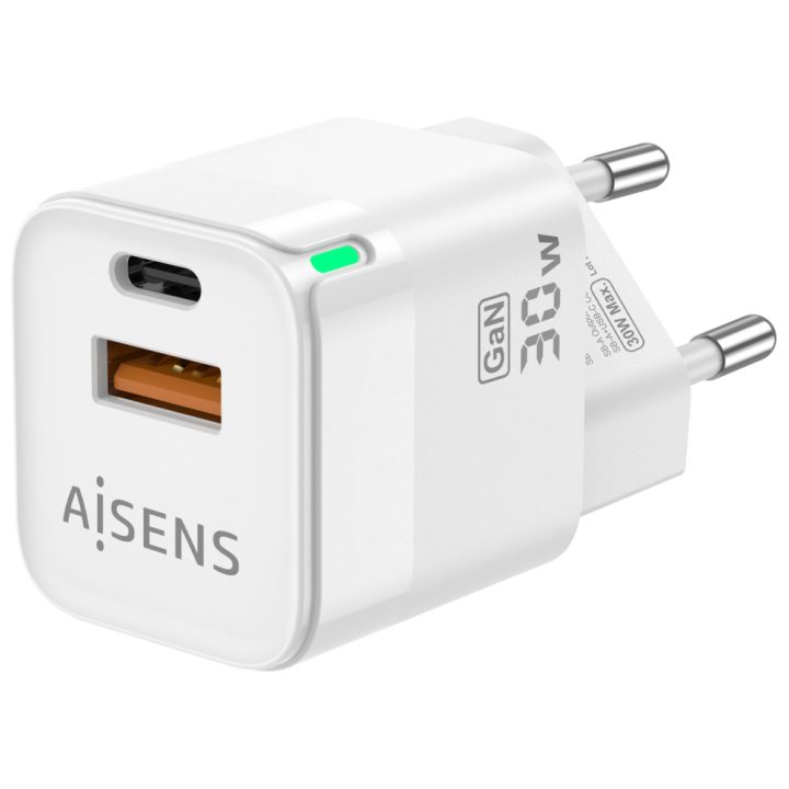 AISENS Carregador GaN 30W, 1xUSB-C PD3.0 QC4.0, 1xUSB-A QC3.0, Branco