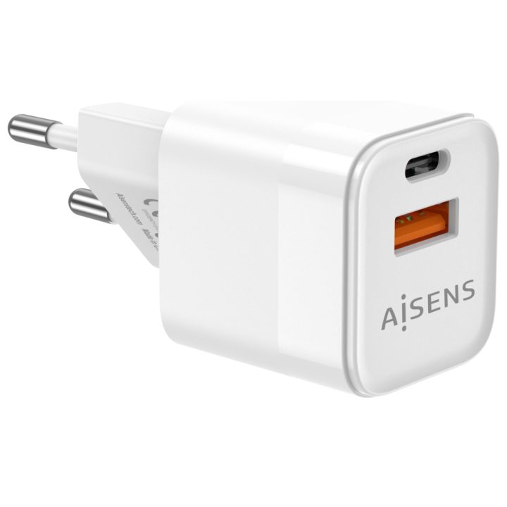 AISENS Cargador Gan 30W, 1xUSB-C PD3.0 QC4.0, 1xUSB-A QC3.0, Blanco