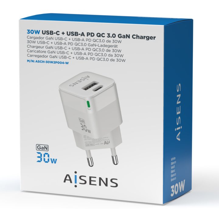 AISENS Carregador GaN 30W, 1xUSB-C PD3.0 QC4.0, 1xUSB-A QC3.0, Branco
