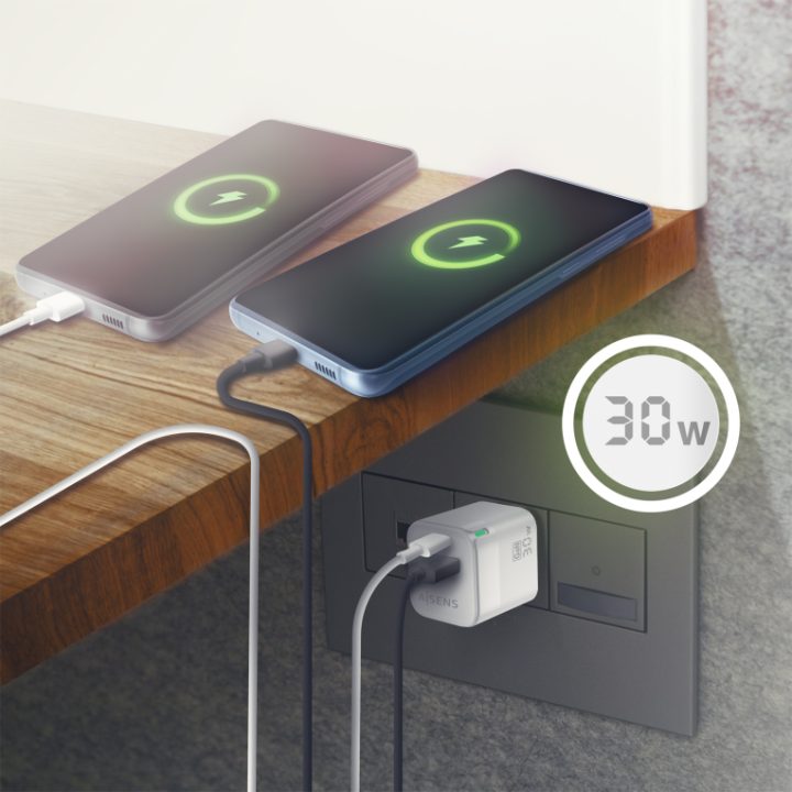 AISENS GaN 30W Charger, 1xUSB-C PD3.0 QC4.0, 1xUSB-A QC3.0, White