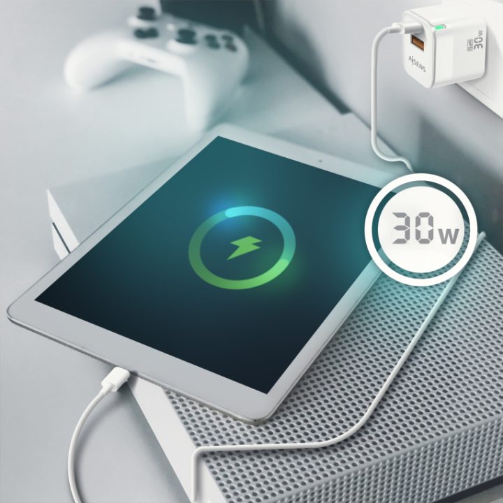 AISENS Carregador GaN 30W, 1xUSB-C PD3.0 QC4.0, 1xUSB-A QC3.0, Branco