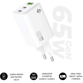 Subblim cargador GaN 65W charger USB-C+c+a (SUBCHG-6G6530)